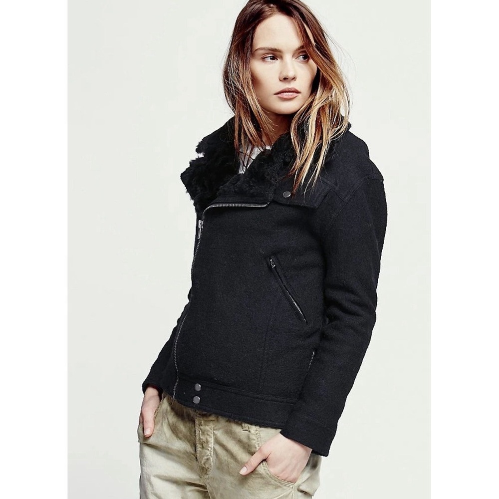 Free People Simple Salute Wool faux Fur Jacket Coat Size L Military